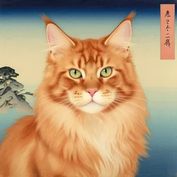 beautiful portrait ukiyo - e painting of an ginger maine coon by kano hideyori, kano tan'yu, kaigetsudo ando, miyagawa choshun, okumura masanobu, kitagawa utamaro