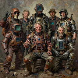 old junky men with cybertronic gadgets, durty colours, rotten textures, rusty shapes, acid screen embed in flesh, biotechnology, tim hildebrandt, wayne barlowe, bruce pennington, donato giancola, larry elmore, oil on canvas, masterpiece, trending on artstation, featured on pixiv, cinematic composition, dramatic pose, beautiful lighting, sharp, details, hyper - detailed, hd, hdr, 4 k, 8 k