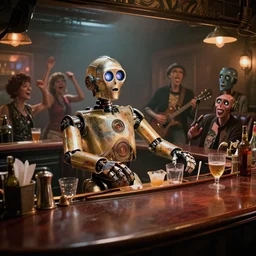 scene from a movie about a robot bartender, chappie, c 3 p 0, dingy bar, cinematic, big budget movie, moody steamy atmosphere, robot rock band, people and robots drunk and dancing, happy times, directed by denis villeneuve, cinematography by roger deakins and darius khondji, painted by by fantasy artist tiago da silva ( grafik )