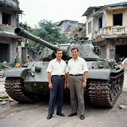 a photo of a two mans posing in front of tank in destroyed vietnamese city, us journalism ministry photo, 1 9 6 9, color photo, fim still
