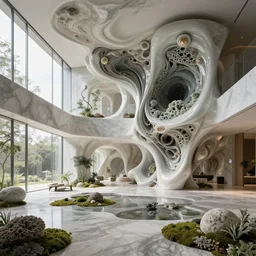highly detailed ultra sharp villa natural light interior soft cinematic composition of a smooth ceramic porcelain biomorphic magnolia stone nebula fluid fractal sci - fi surreal architecture landscape, granite, metallic, marble, moss, cellular lichen, microorganism, fungi, vincent callebaut composition, mamou - mani, archviz, 8 k, unreal engine