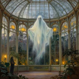 a beautiful painting of an eerie hovering ghost inside a large overgrown victorian greenhouse with large windows, warm lights, evening, stunningly beautiful art nouveau architecture, by john atkinson grimshaw
