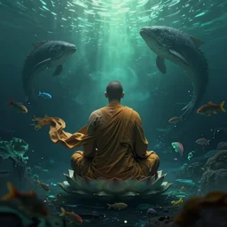 backside of ancient wise monk meditating underwater, lotus pose, monk is in the centre of the frame, epic composition, fabrics flying around him, smoky, dark, mysterious, colourful fish, giant sea creatures, high detail, green and blue light, digital art, artstation, unreal engine 5, octane render
