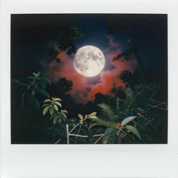 (psychedelic) polaroid of a mystical night sky with a huge moon, A glimpse through a small gap in the foliage and overgrowth and the trees of the huge gibbous moon in a dark sky, wreathed in red smoke, starlight, night-time, dark enclosed, cozy, quiet forest night scene, spangled