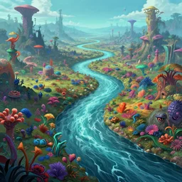 digital illustration of a singular river flowing through a vibrant alien landscape, art by Junji Ito, Cyril Rolando, Pablo Amaringo, M.W Kaluta, Victo Ngai and Caspar David Friedrich, colorful alien flora, wide angle, panoramic, fantasy, 8k resolution, deviantart, trending on Artstation, concept art, Terragen, HDR, Octane