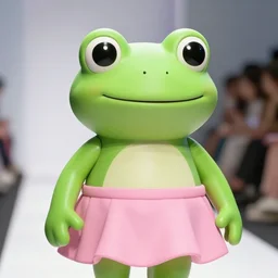 fashion show with a super cute smiling green tree frog dressed in a pink skirt,, photo realistic, matte image