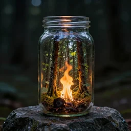 glass jar with a burning forest inside, standing on a rock, bokeh, dark background, dramatic lighting, hyperrealistic, volumentric lighting, highly detailed, reflections, refractions