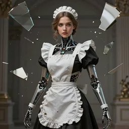 ultra realistic, cyborg female servant shattered into pieces, sci-fi, fantasy, intricate details, elegant, highly detailed, photorealistic, octane render, 8k, art by artgerm and greg rutkowski and alphonse mucha