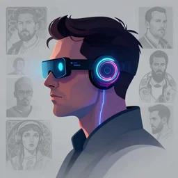 side view future coder man, sleek cyclops display over eyes and glowing headset, neon accents, holographic colors, desaturated headshot portrait vector painting by john berkey, tom whalen, alex grey, alphonse mucha, donoto giancola, dean cornwall, rhads, astronaut cyberpunk electric lights profile