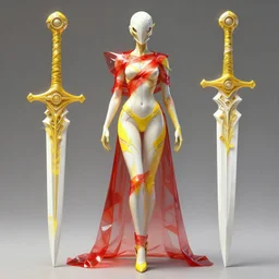 a full body character design by artgerm, greg rutkowski and alphonse mucha. sci - fi dagger. white and yellow tape and red translucent plastic tape project show attctive showgirl!! sci - fi helmet!! sharp edges. contour light effect!!. ultra detailed, elegant, intricate, octane render.