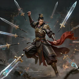 ancient chinese warrior surrounded by magical flying swords, greg rutkowski, super high detail.