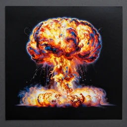 Atomic explosion visible from space, colourful explosion, vivid colours, matte black paper, ultra detailed
