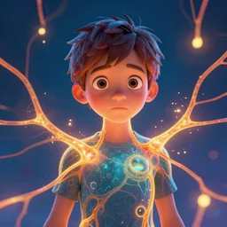 surreal portrait of a boy with neurons firing around his body by disney concept artists, blunt borders, rule of thirds, vibrant colors, emotional