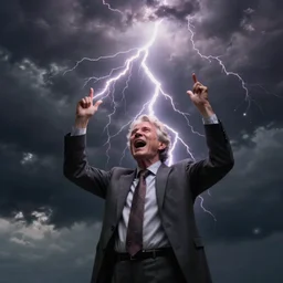 photograph of geert wilders standing, raising both hands and emitting lightning, shouting, atmospheric lighting, dark clouds, sinister