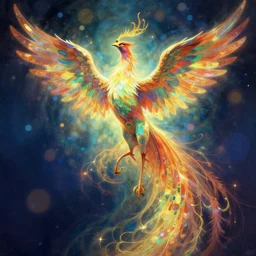 a solarpunk phoenix, volumetric light, bokeh, painting by greg rutkowski by alphonse mucha