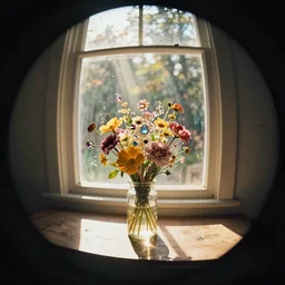 kodak portra 4 0 0, wetplate, pinhole, extreme fish eye, moody still life 1 8 4 5 portrait by charles sheeler of a single jar filled with flowers, sparkling jewels between a sunlit window, in bright warm sunlight, godrays shinging through the window, golden summer, muted colours, haze, trees outside, no people