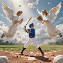 angels from heaven playing baseball, realistic, clean, detailed, photo
