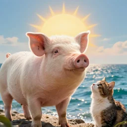 a sun pig ( literally a pig that shines in place of the sun ) while a cat is in the sea looking up, photorealistic, high textures, octane render, ureal engine, 4 k