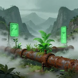 plants growing out of old rusty pipes in a mountain range, green neon signs, ground covered in mist, detailed cyberpunk illustration