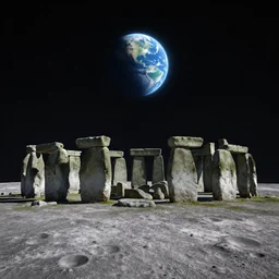 stonehenge! on the moon surface in the foreground, planet earth visible above the horizon, low perspective, dark background, hyperrealistic digital bioluminiscent octane render, high contrast