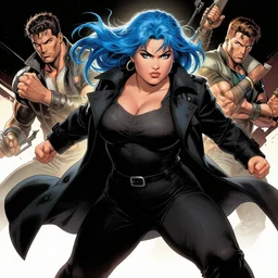thick chubby filipina amihan superhero portrait, beautiful detailed face, bright blue hair, long black trench coat, fully clothed, action pose, comic book style, highly detailed, dynamic shadows, dynamic lighting, geoff johns, jason fabok, jason fabok, brad anderson, splash art