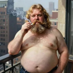 norman rockwell portrait of an (overweight) man with long blonde hair and a (shaggy) beard smoking a joint on a balcony in New York City
