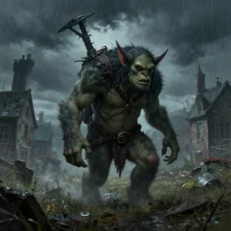 the undying troll, wandering through an abandoned town while it's storming. art by tony sart, trending on artstation, fantasy, crisp