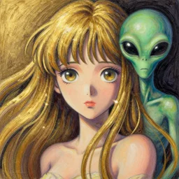 recursive image with a girl and alien, large eyes, her long hair flowing, surreal, oil pastels and gold, in the style of katsuhiro otomo, modeled in poser, redshift render, uhd