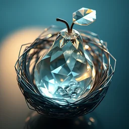 crystal big pear in a nest, transparent, with light glares, reflections, photo realistic, photography, photorealism, ultra realistic, intricate, detail, rim light, depth of field, unreal engine, dslr, rtx, style swarovski, dior, faberge
