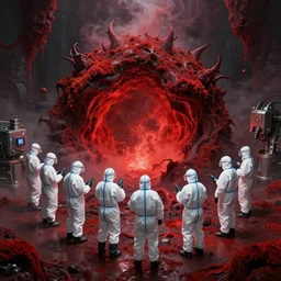 wide - shot photo of a group of scientists in hazmat suits, studying a hellish demonic infernal open rift portal, by shaun tan, codachrome, hellish, unsettling, red moss, otherworldly, smoke, red liquid, machines, 8 k, hd, highly detailed,