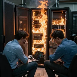 developers in anguish in front of burning servers