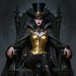 picture of female steampunk necromancer sitting on her black throne, detailed face, angled sitting, golden corset, black clothing, grey cape, top hat, pale skin, red eyes, red lipstick, fractal background, high fantasy, dnd, highly detailed, smooth, sharp focus, digital illustration, by rossdraws