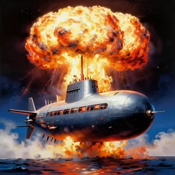 a beautiful painting submarine, nuclear explosion by ukiyo - e award - winning art, andy warhol color, dramatic light, octane render