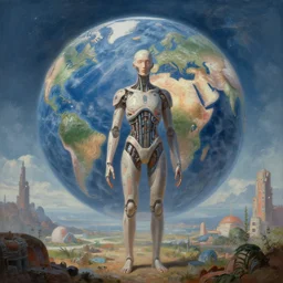 Aesthetic transhumanist landscape painting of artificial life ending the world as we know it, singularity, 8k, trending on cgsociety artstation, masterpiece, highly detailed, establishing shot, in a symbolic and meaningful style.