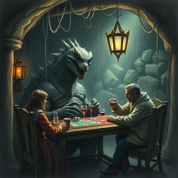 godzilla playing poker and drinking in a cozy dungeon, cobwebs, grunge, dungeon, mossy, volumetric lighting, hyper real, pencil art, moody lighting, eldritch horror, comfy