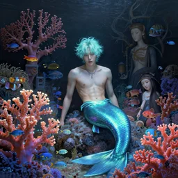 harmony of neon glowing coral, fish, ( cyan hair merman yoongi portrait ) by wlop, james jean, victo ngai, muted colors, highly detailed, fantasy art by craig mullins, thomas kinkade,