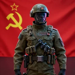 Futuristic Cyberpunk Soviet soldier with Soviet flag in background, overdetailed digital art, hd, 4k