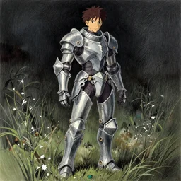 warframe standing in a dark field of grass at night, finely illustrated, highly detailed, colored pencil, studio ghibli, watercolor, anime, animation, in the style of william - adolphe bouguereau and john singer sargent, 8 k, segmented armor, organic armor