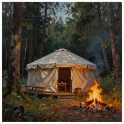 a beautiful painting of a round sweat lodge hut in a forest near a campfire, matte painting, art by christophe vacher