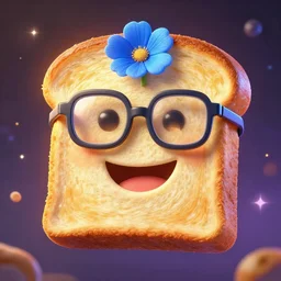 epic professional digital art of a smiling bread toast wearing 👓  and a blue flower, best on artstation, cgsociety, wlop, cosmic, epic, stunning, gorgeous, much detail, much wow, masterpiece, backlight