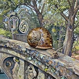 close up view of a snail resting on an old stone bridge with sculptures, trees in the background, art by James Jean and Wayne Barlowe, high detail, cinematic, cgsociety 8k