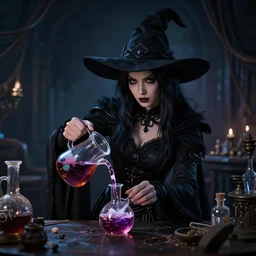 an epic fantasy comic style portrait of a dark witch brewing a potion in her workshop, darkness, black magic, unreal 5, daz, hyperrealistic, octane render, cosplay, rpg portrait, dynamic lighting