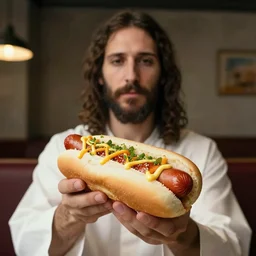 jesus holding a hotdog