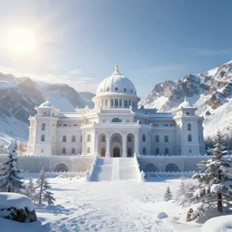 a scene concept design depicting a snow - covered palace in the changbai mountains under the shine of the sun, with a magnificent atmosphere ， super wide angle ， matte painting ， rtx on ， in fenghua zhong style ， trending on cgsociety and artstation, unreal engine ， volumetric light ，