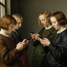 A group of people on their smartphones, in the style of Jan van Eyck