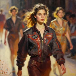 portrait in daring femininity, determined face, flight suit, ethnic, warm glow, runway bathed in light, speed, captured memory, motion impressionism, radiosity, terrazzo, pj crook, michael garmash, livia prima, nick alm, casey baugh, deep color, oil on canvas