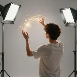 photo still of posterior view, young man enchanting a magical spell, glowing aura, 8 k, studio lighting bright ambient lighting key light, 8 5 mm f 1. 8