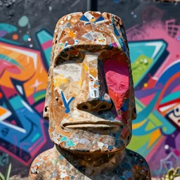 moai statue popart slap face caricature cartoon graffity, mark ryden bill cipher colorful vibrant beeple, by thomas kinkade