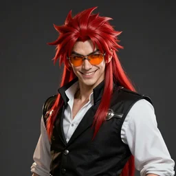 An epic fantasy comic book style portrait painting of young man with red spiked long hair, using an orange lens googles. Wearing a black waistcoat, white shirt. He is with a vicious smile in face. Unreal 5, DAZ, hyperrealistic, octane render, cosplay, RPG portrait, dynamic lighting