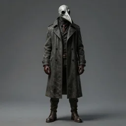A man draped in a ankle-length overcoat with leather gloves and boots wearing a bird-like beak mask concept art by Greg Rutkowski, Bloodborne, 4k photorealistic, volumetric lighting, HD, subtle details, dramatic, trending on artstation